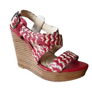 FRYE Corrina Whipstich Platform Wedges Leather Peep Toe Braided Sandals 5 in